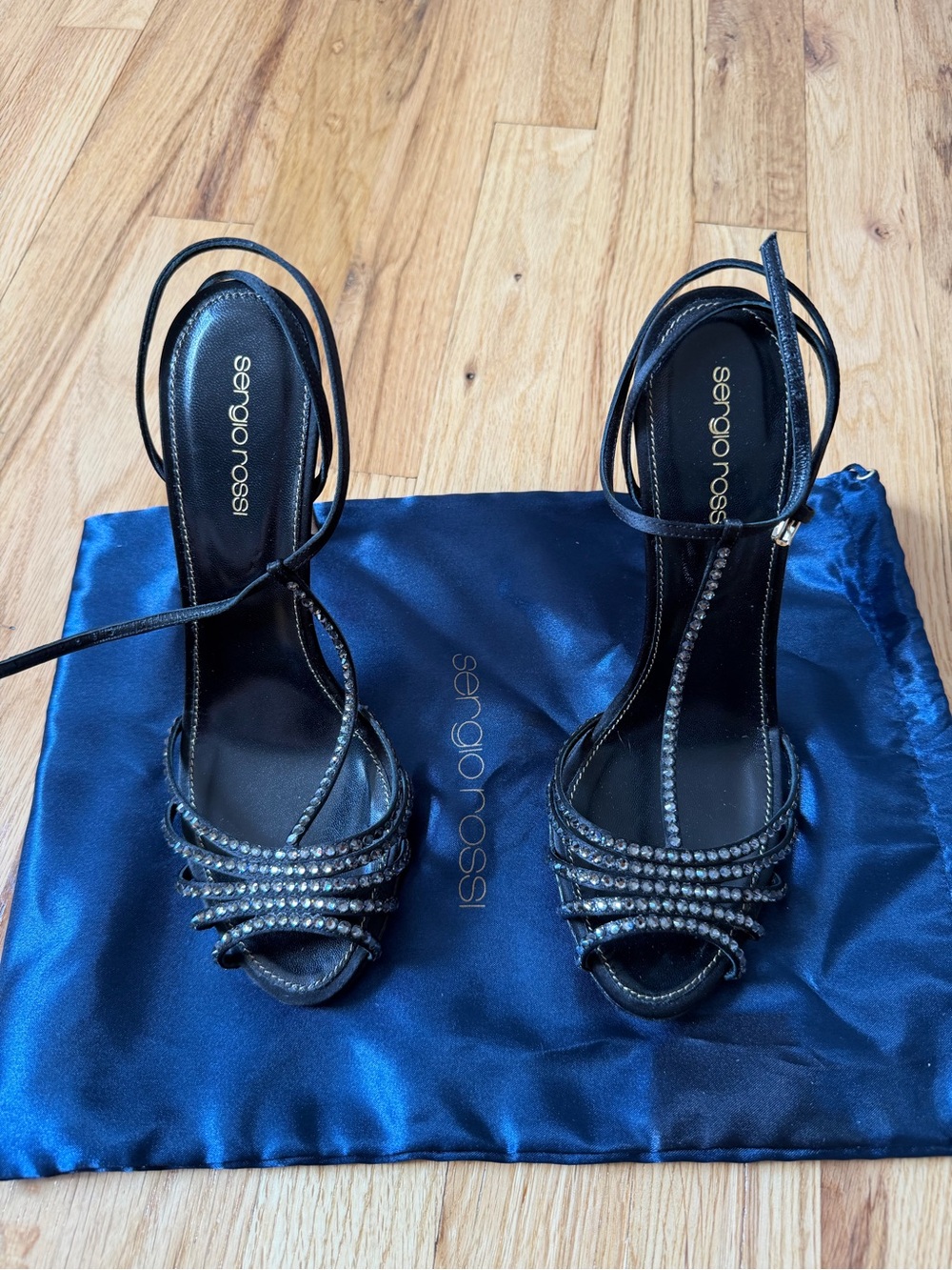 Sergio Rossi Black Crystal-Strap Open-Toe Heels